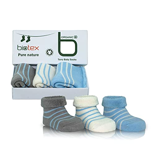 BIOTEX 3 Pairs Baby Girl and Boy Organic Cotton Socks in Gift Box, Cushion, Newborn Infant Toddler Terry Socks, 0-12 Months