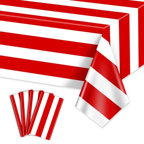4 Manteles Verticales A Rayas Rojas Y Blancas, Manteles Desechables De Plástico con Rayas Rojas para Fiestas Temáticas De Carnaval, Noches De Cine, Cumpleaños, 220 X 130 Cm.