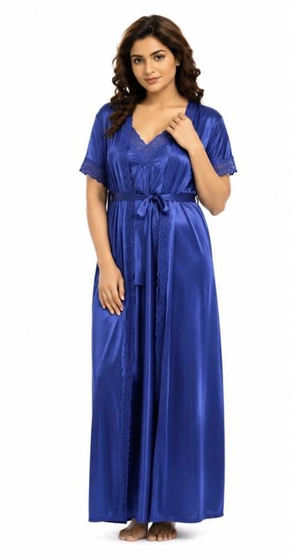 Women 2 PC Solid Satin Nighty/Night Wear Sets With Robe | Soft & Comfortable Satin 2 PC Nighty/Night Wear Set with Robe for Women (XL, Blue)-image-11