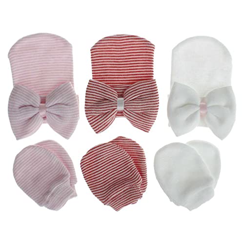 Image of LNICEAR Newborn Baby Girls Hospital Hat Mittens Set with Big Bows Soft Cute Beanie Infant Hats Scratch Gloves