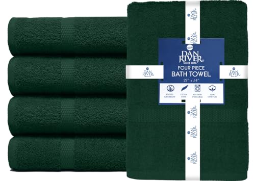 Image of DAN RIVER Bath Towels Set of 4, 27 x 54 Inches, 100% Cotton, Larger & Lighter Weight, Quicker to Dry, Super Soft and Absorbent, Ideal Hotel Towels for Daily Use, Huntergreen