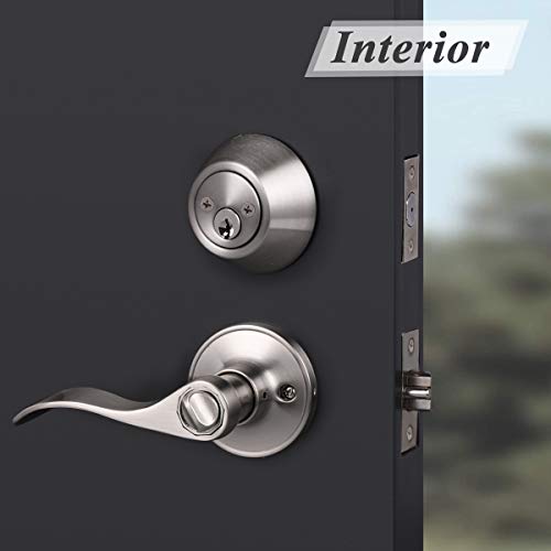 Probrico Wave Style Entry Door Handle (Set of 4 Satin Nickel Exterior Entry Lever and Double Cylinder Deadbolt Combo Pack,Keyed Alike Exterior Lockset Front Door Handleset, Security Door Hardware - Image 4