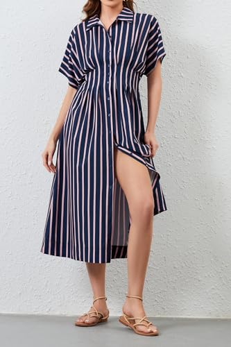 Image of Women Striped Button Down Shirt Maxi Dresses Summer Pleated Short Sleeve Collar Casual Corset Long Dress