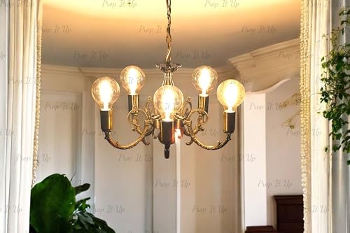 Image of Prop It Up Vintage Style Chandelier, 5-Light Pendant, Antique Brass Finish, Globe Bulb Design, Without Bulb