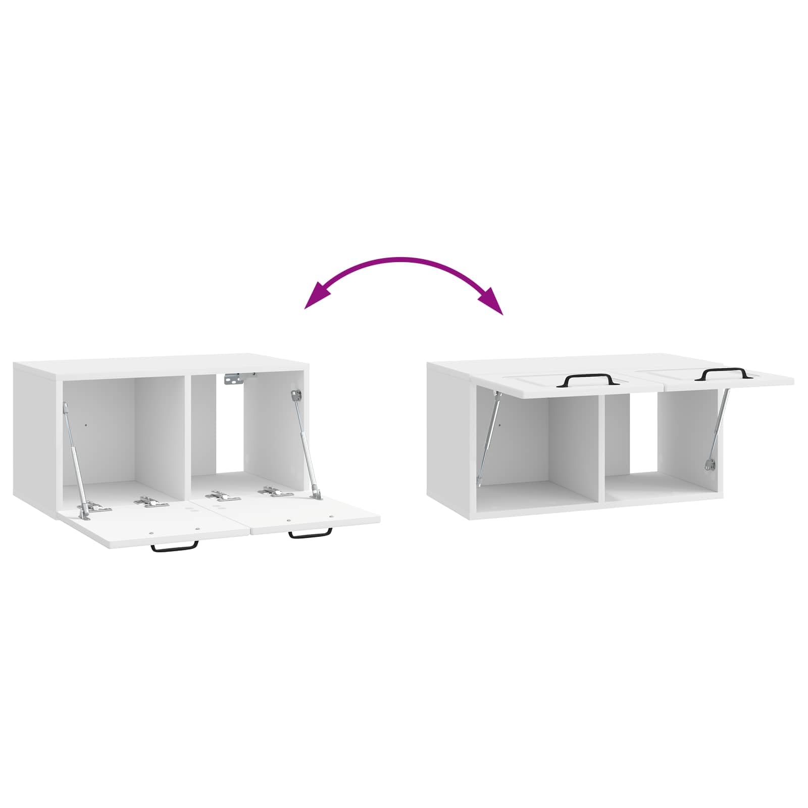 Mobile Porta TV da Muro Bianco Lucido in Legno Ingenerizzato 59,5 x 31 x 30 cm con Scomparti e Ripiani, Supporto TV Sospeso per Soggiorno, Consolle Salvaspazio con Passacavo e Anta