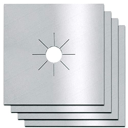 WANGCL 4 láminas gruesas de 0,2 mm para quemador de estufa, reutilizables, antiadherentes, resistentes al calor, protector de estufa de gas, forro de quemador de cocina (plateado)