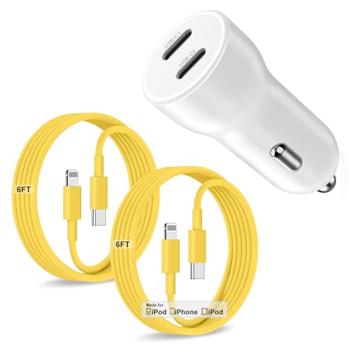 iPhone 14 13 Car Charger, Certified 45W Dual Port USB C Rapid Apple Car Adapter with 6ft Type C to Lightning Cable Fast Charging for iPhone 14 Pro/14 Pro Max/14 Plus/13/12/11/X/XS/SE,iPad-Yellow