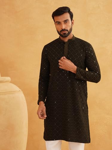 Image of SOJANYA Men's Coffee Brown Cotton Blend Kurta with Intricate Embroidery & Subtle Sequin Work