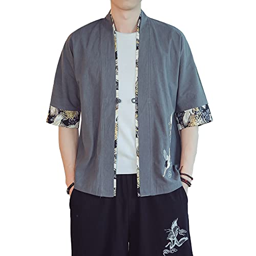 Image of PRIJOUHE Men's Kimono Jackets Cardigan Lightweight Casual Cotton Blends Linen Seven Sleeves Open Front Coat Outwear