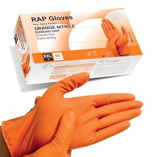 50 Orange Nitrile Disposable Gloves XXL Heavy duty, Diamond Grip Gloves, Latex-Free, Powder-Free, Non-slip, Extra Thick – Ideal For Mechanics, Workshop, and Automotive use.