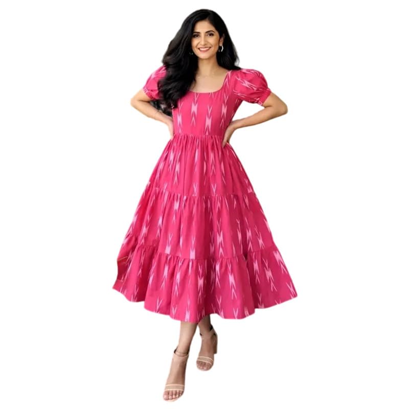 Women's Rayon Ikat Printed Round Neck Puffed Sleeves Pink Tiered Midi Length Dress-image-21