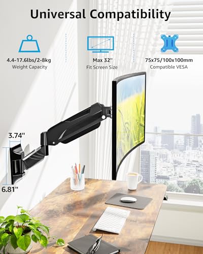 Image of MOUNTUP Monitor Wall Mount for 17-32 Inch Computer Screen, Wall Mounted Arm Support 4.4-17.6lbs Display, Computer Monitor Arm, VESA Bracket for VESA 75x75mm and 100x100mm, Black