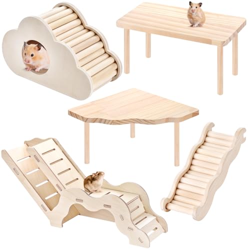 5-in-1 Wooden Hamster Toys Set Hamster House Hideout with Ladder Bridge Platform Table Climbing Ramp Chew Toy for Syrian Dwarf Hamsters Gerbils Small Pets Cage Accessories Natural Wood Habitat Decor