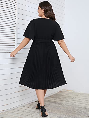 Scomchic Women's Plus Size Wrap Dress Pleated Short Sleeve Wrap V Neck Summer High Waist Cocktail Wedding Midi Dress Black 3Xl #TOP3