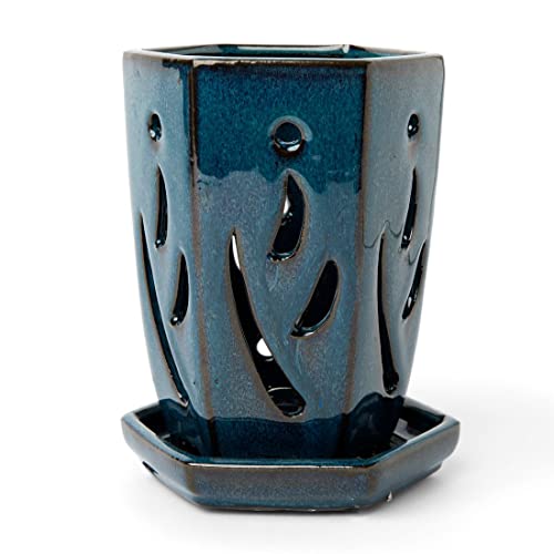 Repotme) 4 X 6 Inch Hexagon Ceramic Orchid Pot With Matching Saucer (Teal Jade) #TOP1