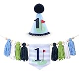 Golf 1St Birthday Highchair Banner - Hole In One Theme Blue Gingham One High Chair Banner &Amp; First Birthday Cone Hat Decorations For Little One With Tassels For Cake Smash