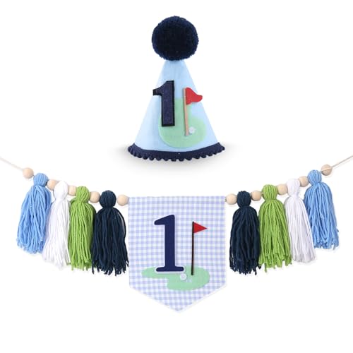 Golf 1st Birthday HighChair Banner - Hole in One Theme Blue Gingham One High Chair Banner & First Birthday Cone Hat Decorations for Little One with Tassels for Cake Smash
