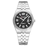 CRRJU Reloj de pulsera de lujo para mujer, correa de acero inoxidable, clásico, analógico, cuarzo, elegante, con fecha, Plateado negro