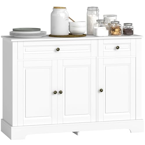 HOMCOM Sideboard Buffet Cabinet, Modern Buffet Cabinet with Storage and 2 Drawers, Coffee Bar Station with Adjustable Shelves for Kitchen, Entryway, White