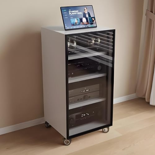 YQMHEZ Support multimédia AV mobile à 1/2/3 niveaux, tour audio en rack avec étagères réglables, avec portes en verre trempé, support multimédia...