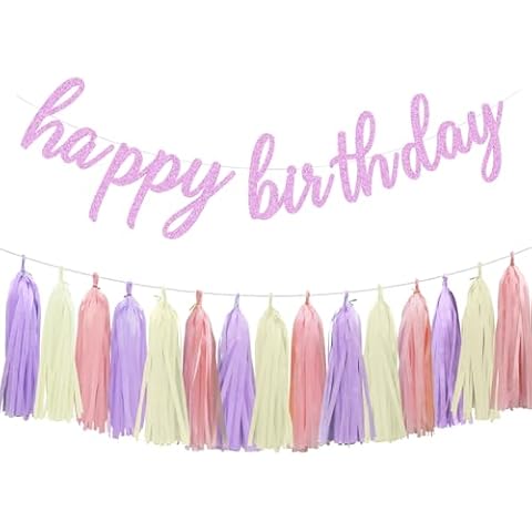 Aonor Happy Birthday Decorations - Pre-Strung Pink Light Purple Happy Birthday Banner and Paper Tassel Garland for Women Girls Birthday Party Decorations Cover