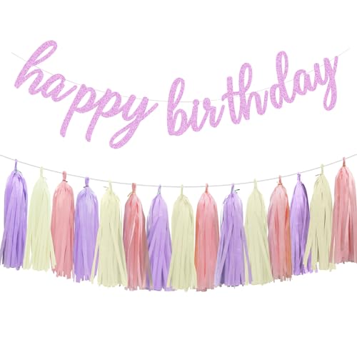 Aonor Decoraciones de feliz cumpleaños: pancarta de feliz cumpleaños rosa claro y púrpura y guirnalda de borlas de papel para mujeres y niñas, decoraciones de fiesta de cumpleaños