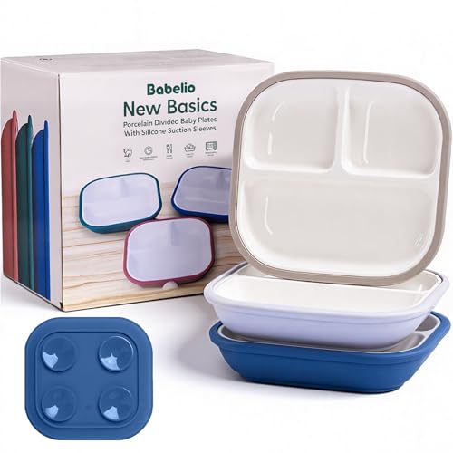 Image of BABELIO 8'' Toddler Porcelain Plates with Silicone Suction Sleeves, Lead & BPA Free, Divided, Microwave & Dishwasher Safe, Stay Put, Suitable for Kids/Babies, 3 Pack