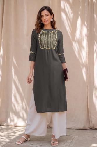 Image of MIRCHI FASHION Women's Straight Fit Rayon Sequins Embroidered and Polka Dots Printed Kurti Only