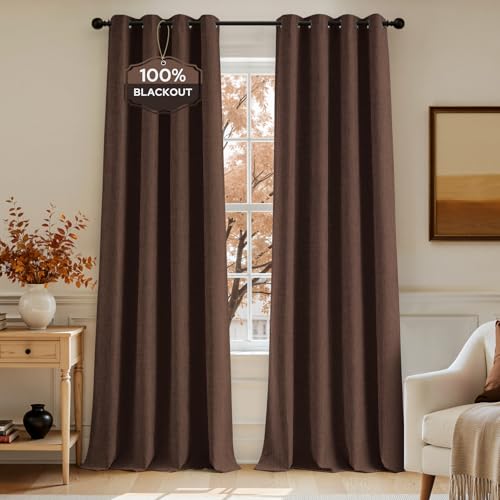 Image of HOMEIDEAS 100% Blackout Brown Linen Curtains 52W x 84L 2 Panels | Faux Linen, Thermal Insulated, Blackout Grommet Window Drapes, for Bedroom, Living Room
