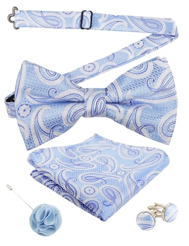 Image of Alizeal Mens 4pcs Vintage Paisley Bow Tie Set | Pre-tied Pocket Square Cufflinks Boutonniere for Wedding Everyday Use
