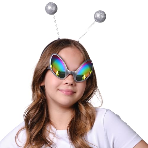 Cheerin Silver Alien Headband & Glasses – Adult Martian Antenna Costume Accessories – Space Cosplay Party Set