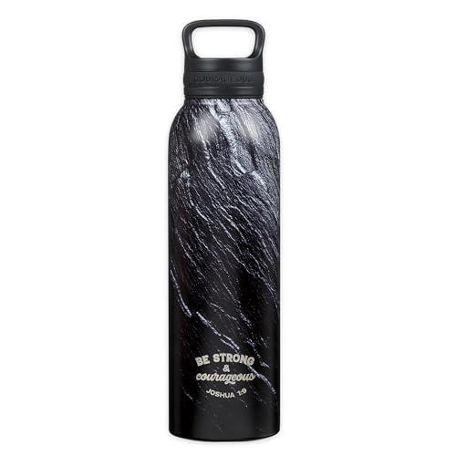 Christian Art Gifts Stainless Steel Double Wall Vacuum Insulated Water Bottle for Men & Women: Strong & Courageous - Joshua 1:9 Inspirational Verse w/Carry Handle Lid, Black/Granite/Slate, 24 oz.