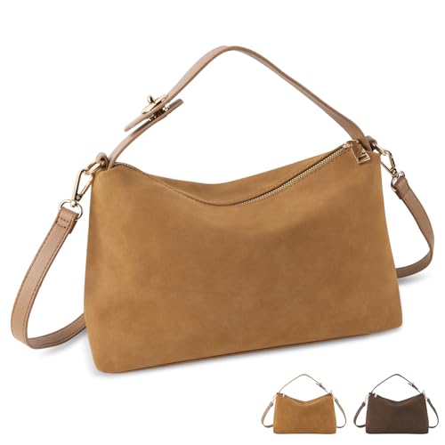 Leather Suede Tote Bags for Women, Brown Suede Purse Handbag Retro Top Handle Bag with Adjustable Strap, Hobo Crossbody Bag Crescent Satchels Shoulder Bag (Brown)