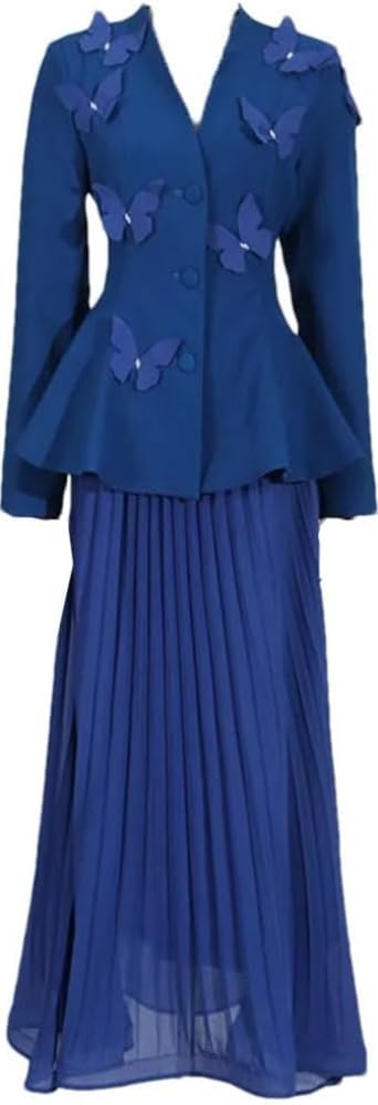 Femmes blazer costume manteau jupes plissées en mousseline de soie robe longue de soirée formelle ensemble 2 pièces