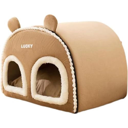 Vlfn ペットベッド 冬用 ペットハウス ドーム型 室内 犬ベッド 小型犬 猫ベッド 洗える 猫ハウス 暖かい 犬ハウス 可愛い 滑り止め ふわふわ クッション付き ぐっすり眠れる 猫犬用 快適 保温 寒さ対策 (ブラウン)