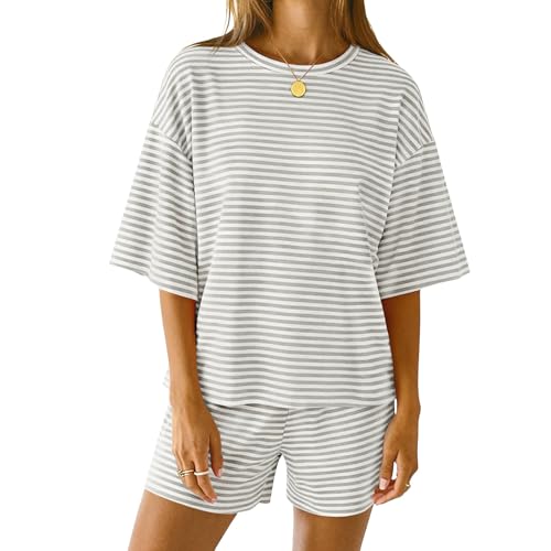 Image of RUEWEY Women Striped Pajama 3 /4 Sleeve Crew Neck Tops Shorts Lounge Set Pjs