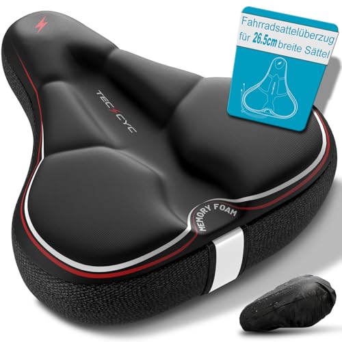 TECHCYC Fahrradsattel überzug, Doppellagiger Memory-Schaum Fahrradsitz Polster, Ergonomisches Design Unisex Breiter Sattelbezug mit Reflektorstreifen, Geeignet für Heimtrainer, Citybike (26 x 25 cm)