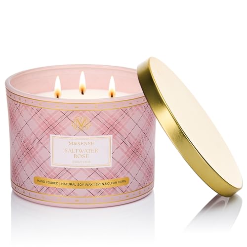 M&SENSE Duftkerze Groß Salzwasserrose|330g Natürliche Soja-Kerze Duftkerzen|65 Stunden Brenndauer|Kariertes Design Duftkerze Geschenk|Elegant Candle Gift