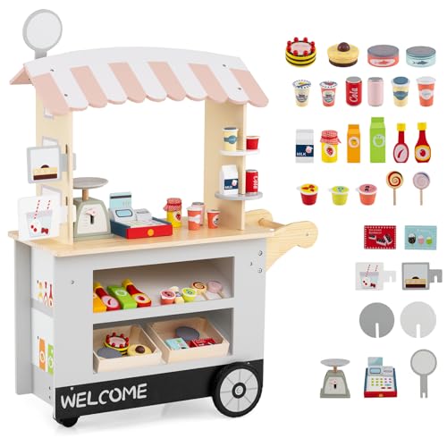 DREAMADE Kaufladen aus Holz, Kaufmannsladen mit 30 Zubehörteilen, Verkaufswagen mit 3 Rädern, Schiebegriff & Baldachin, Spielset Rollenspiele für Kinder ab 3 Jahren (Grau)