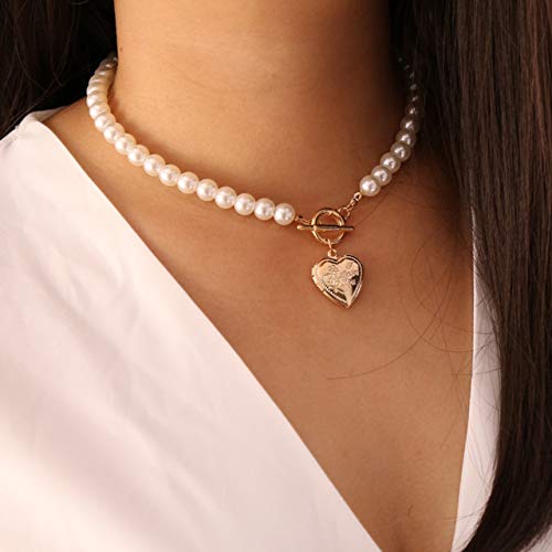 Wcysin Fashion Pearl Necklace Women Choker Necklace with Gold Heart Pendant