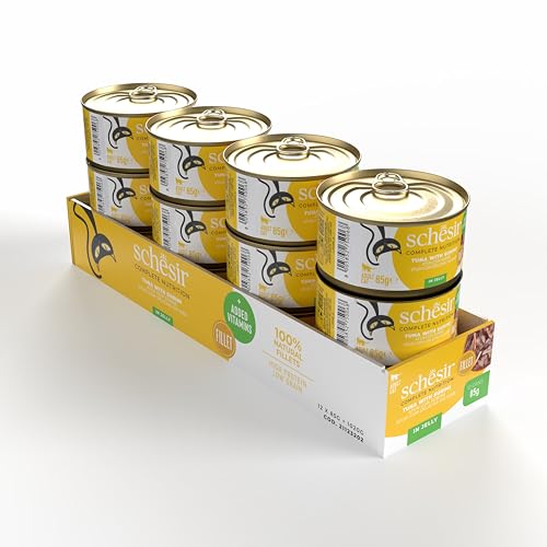 Schesir Thunfisch mit Surimi in Gelatine, Nassfutter für Katzen, in Dosen, 100% natürlich, mit zusätzlichen Vitaminen, 12 x 85 g