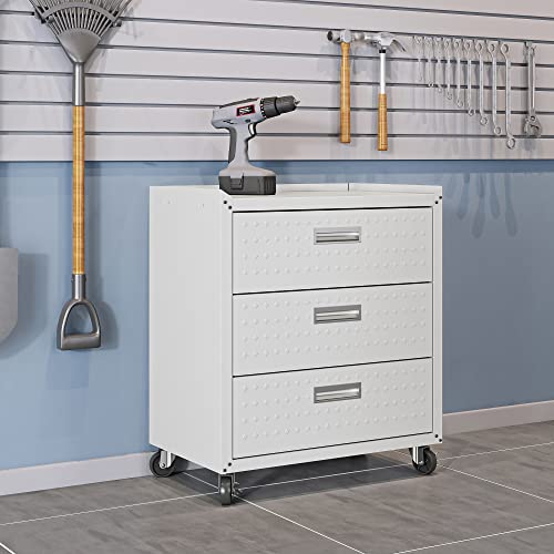 Image of Manhattan Comfort Fortress 31.5-Inch Rolling Garage Tool Chest, 3-Drawer Lockable Mobile Storage Cabinet, Diamond-Textured Steel Utility Organizer with Wheels for Basement, Workshop in White
