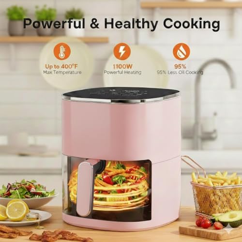Image of HealSmart 12-in-1 Air Fryer Oven, 6.34 Qt Digital Convection Oven with Visible Window & 1700W, Air Fry, Roast, Bake, Nonstick Basket, Pink