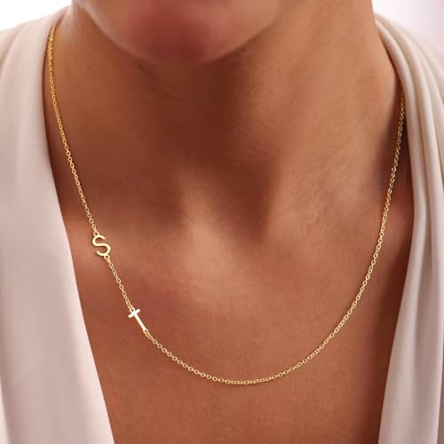 M MOOHAM Sideways Two Initial Necklaces for Women - Dainty 14K Gold Plated Custom Initial Necklace Personalized Gold Letter Necklace Jewelry Birthday Gifts for Women Wife Mom Sister Friends Teen Girls2