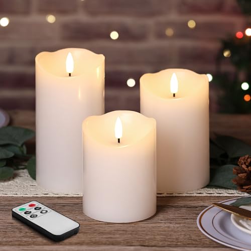 Eywamage Candele a pilastro a LED bianche con telecomando, tremolanti realistiche senza fiamma, candele a batteria, set di 3