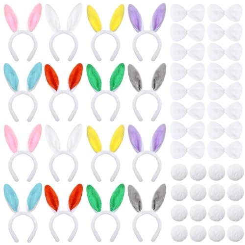 Chuangdi 48 Pcs Bunny Costume Set Rabbit Ears Headbands Bows Ties and Tails Costume for Halloween Party Favors Cosplay(Regular Style)