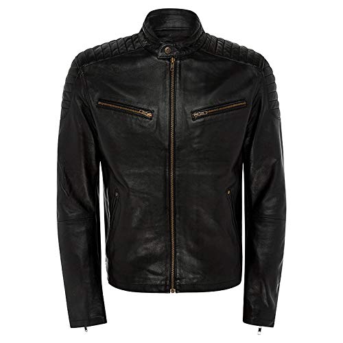 Men's Genuine Black Leather Vintage Cafe Racer Biker Jacket