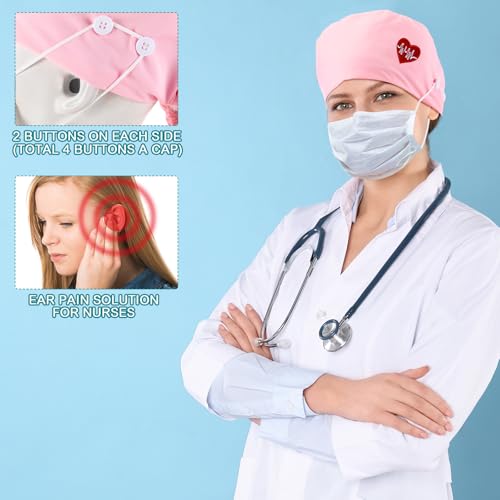 Image of 8 Pcs Satin Lined Scrub Caps, Nurse Hats with Buttons Sweatband, Adjustable Ponytail Surgical Caps for Women