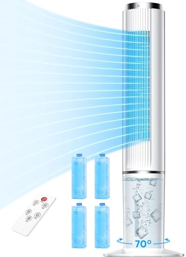 Image of HIFRESH Air Cooler for Home, 107CM Tower Cooler w /Remote & LED Touch Screen, 4 Mode & 3 Speed, 12H Timer, 26 Feet Air Delivery, 4L Water Tank, 4 Ice Packs, 70 Swing Control, 80W-Limestone