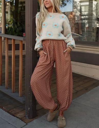 Boho Wide Leg Pants for Women High Waisted Drawstring Joggers with Pockets Loose Lounge Pants4